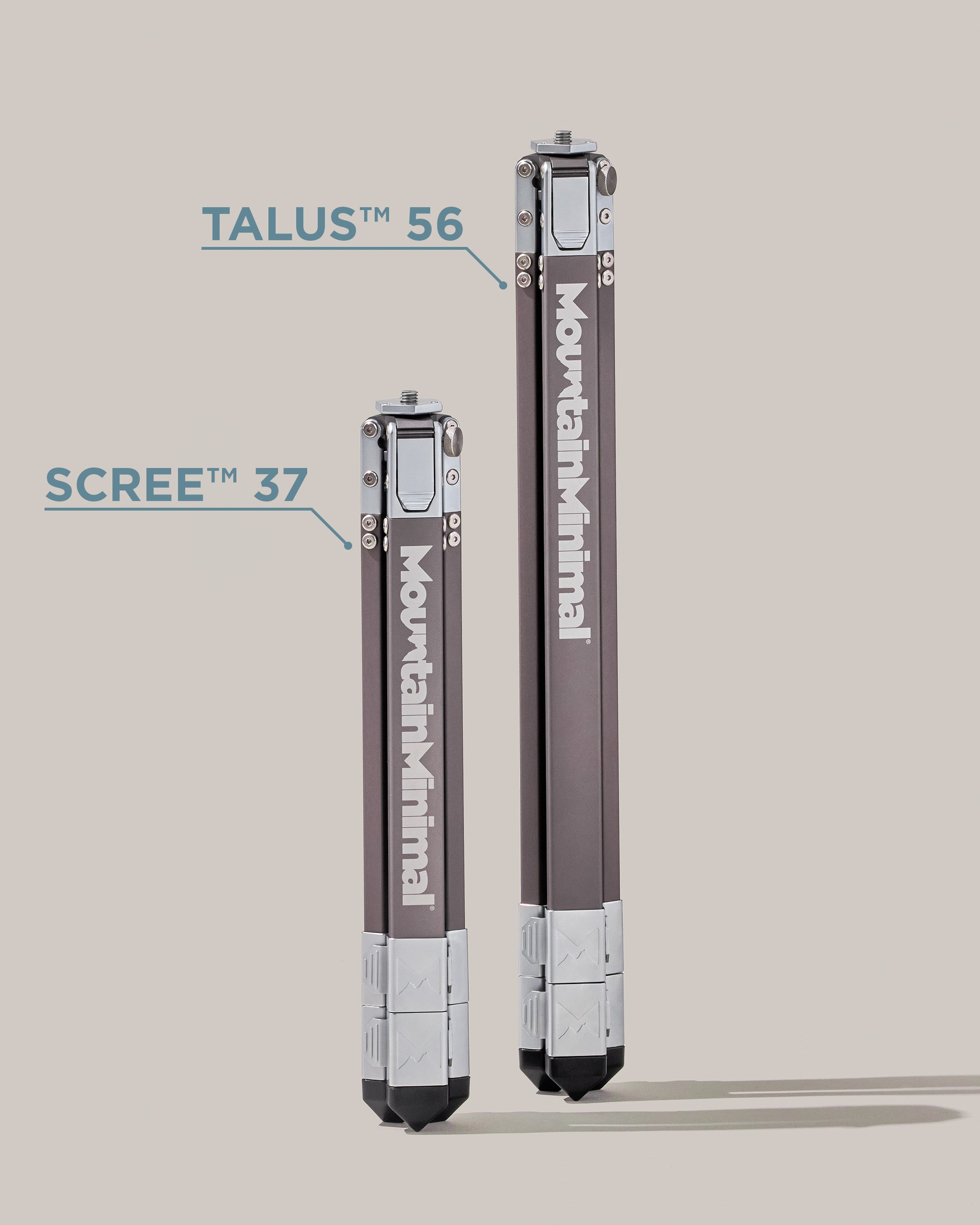 Side-by-side photo of the Mountain Minimal Scree 37 and Talus 36 Tripods, both collapsed.