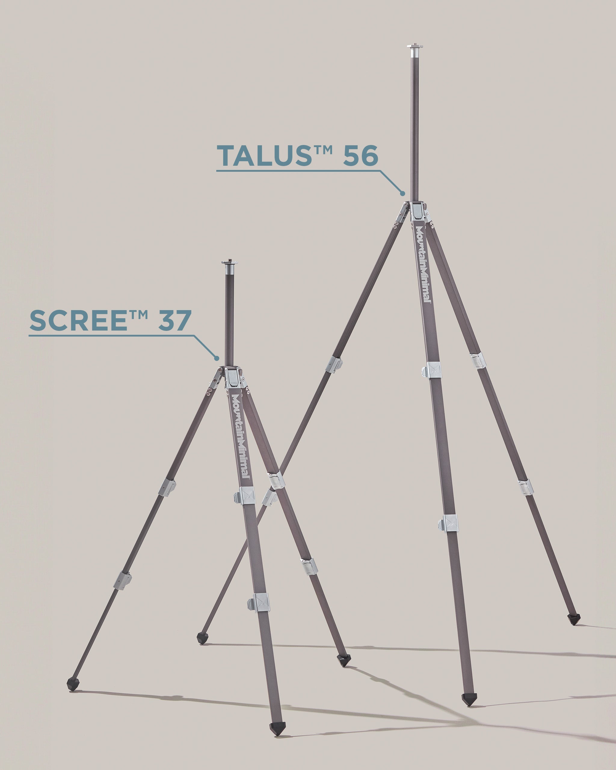 Side-by-side photo of the  Mountain Minimal Scree 37 and Talus 36 Tripods, both in their tallest configuration.